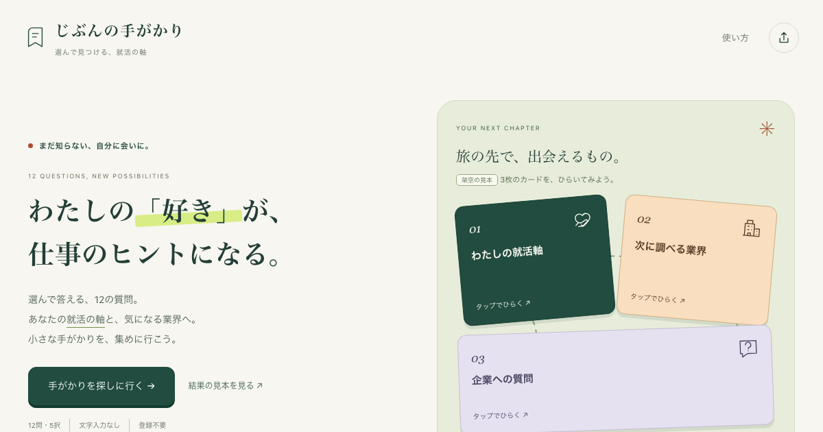 じぶんの手がかりの画面